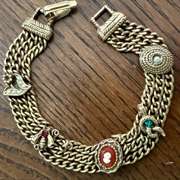 goldette Jewelry Vintage 6s Charm Bracelet Goldette Victorian Revival Art Deco Snake Bee